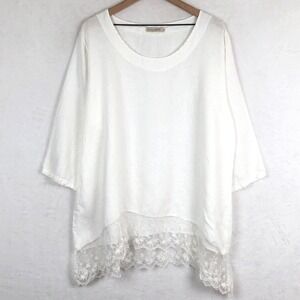 STELLA MARTINI 100% Linen Lace Hem Tunic Top Plus Sz 2X White Coastal Beach EUC